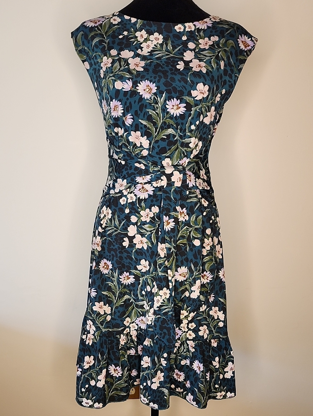 Apricot Floral Midi Dress Tie Waist Ruffle Hem Green Fit & Flare M US 6
